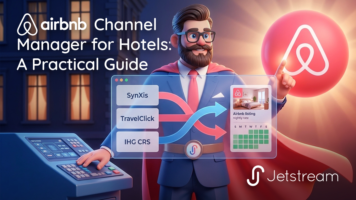 Airbnb channel manager illustration showing a hotel building with a hovering Airbnb listing card synchronized to its hotel reservation systems in real time