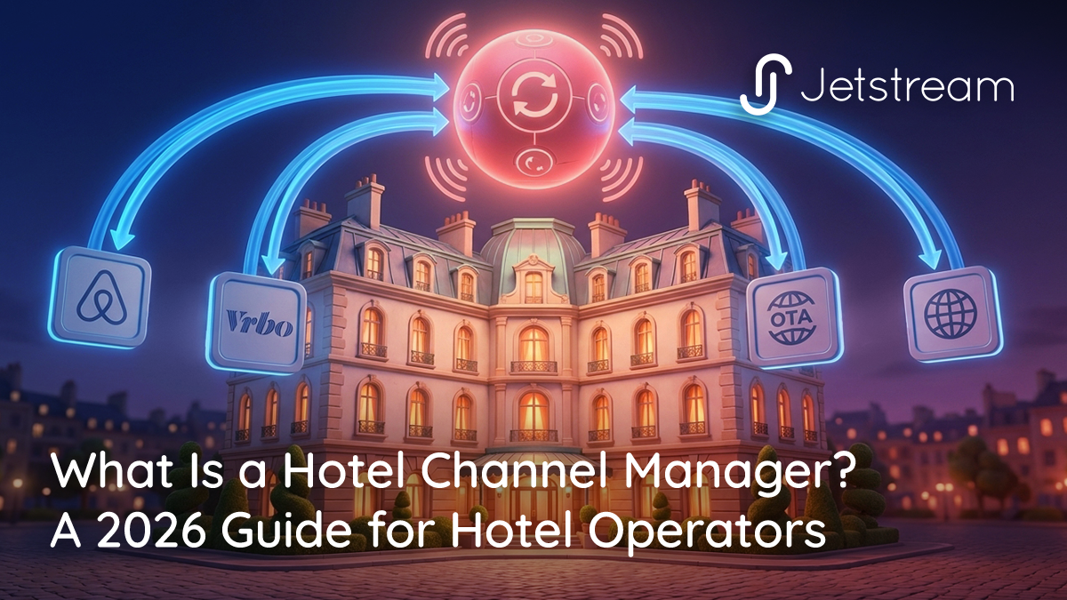 What is a hotel channel manager illustration showing a hotel synchronized to Airbnb, VRBO, and other distribution channels through a central channel manager.