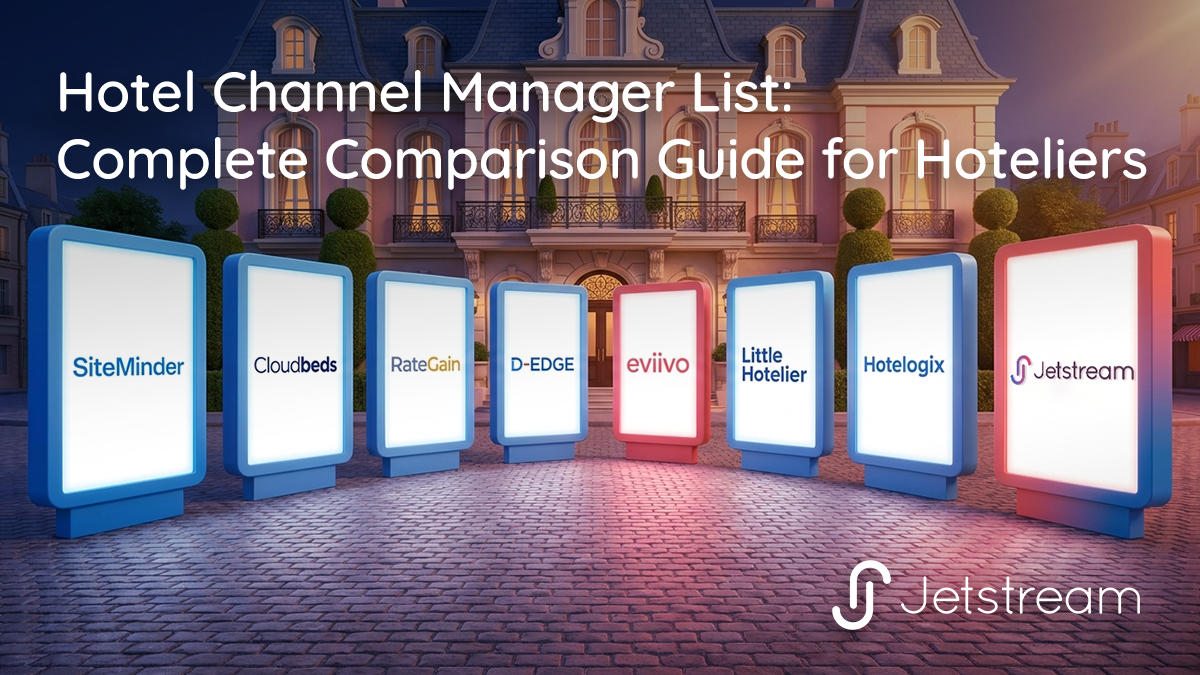 Hotel channel manager list with multiple vendor platforms compared around a central hotel property for distribution strategy evaluation