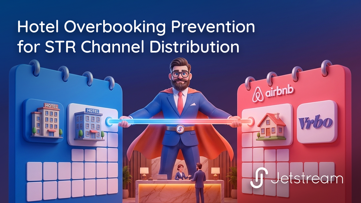 Hotel overbooking prevention illustrated by real-time calendar sync between a hotel system and STR channels.