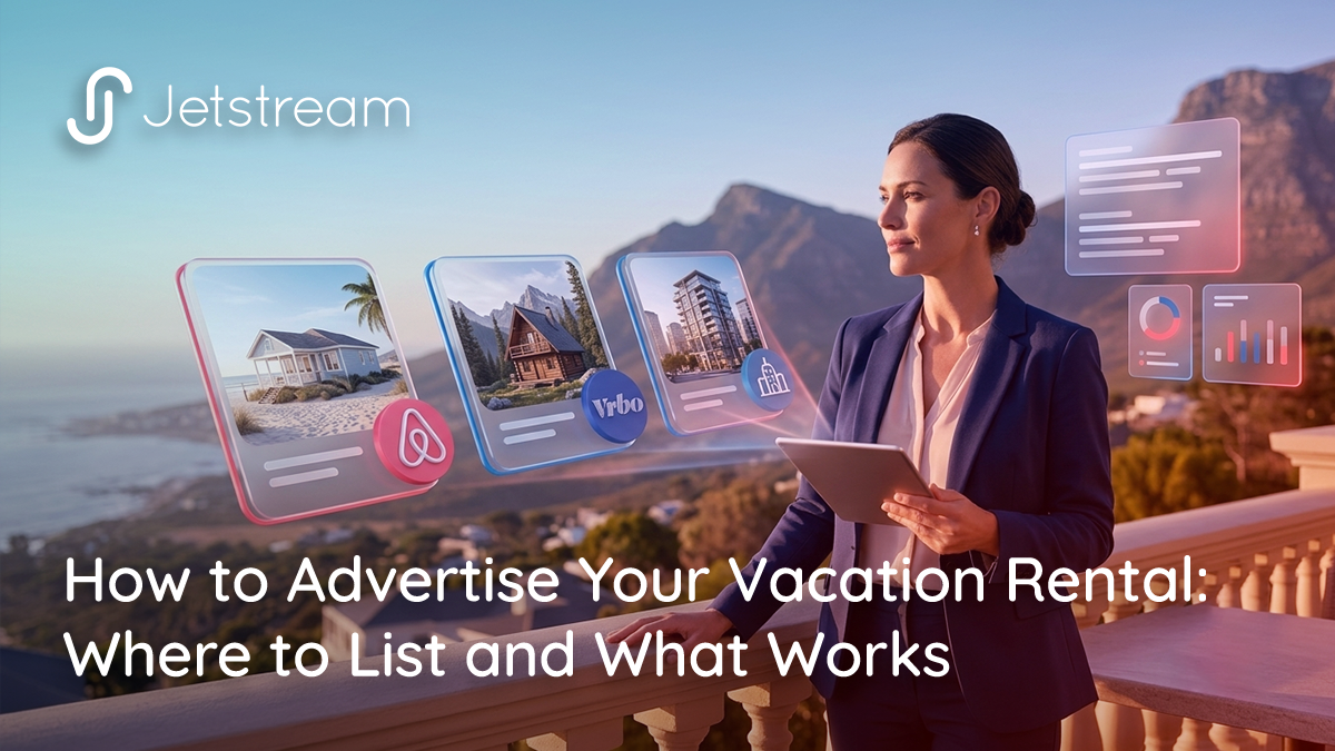 Presenting how to advertise vacation rentals across Airbnb and Vrbo with floating property listings.