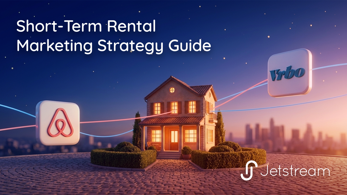 Short term rental marketing distribution diagram showing one property connected to multiple booking channels including Airbnb and Vrbo.