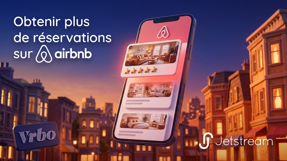 Écran de téléphone montrant comment obtenir plus de réservations sur Airbnb, annonce la mieux classée se démarquant des autres, badge Vrbo pour une visibilité multiplateforme.