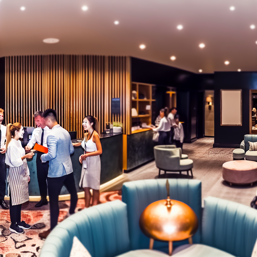 A vibrant boutique hotel lobby bustling with happy