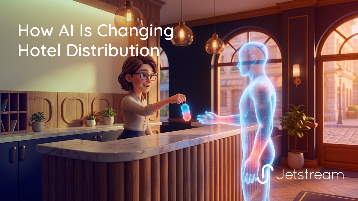 How AI is changing hotel distribution: a hotel receptionist hands a room key to a translucent AI agent standing in for a guest.