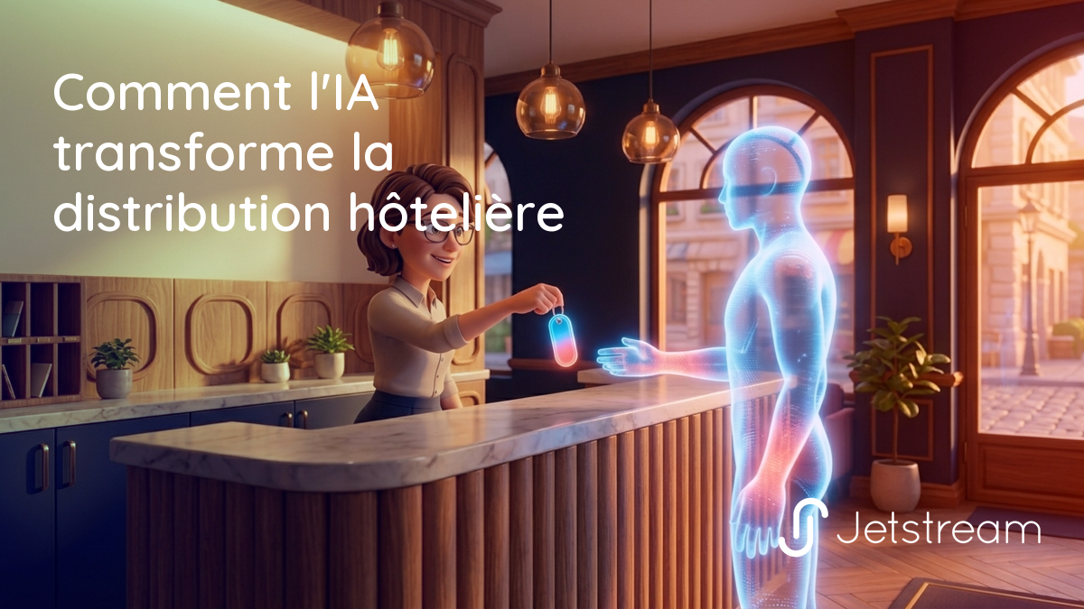 Comment l'IA transforme la distribution hôtelière : une réceptionniste remet une clé à un agent IA translucide venu à la place d'un client.