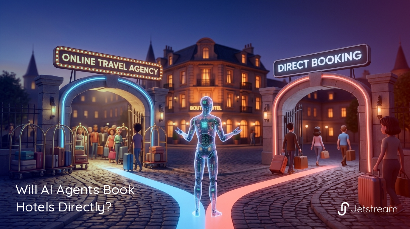 Will AI agents book hotels directly: an AI agent stands at a fork between an online travel agency gate and a direct booking gate outside a boutique hotel.