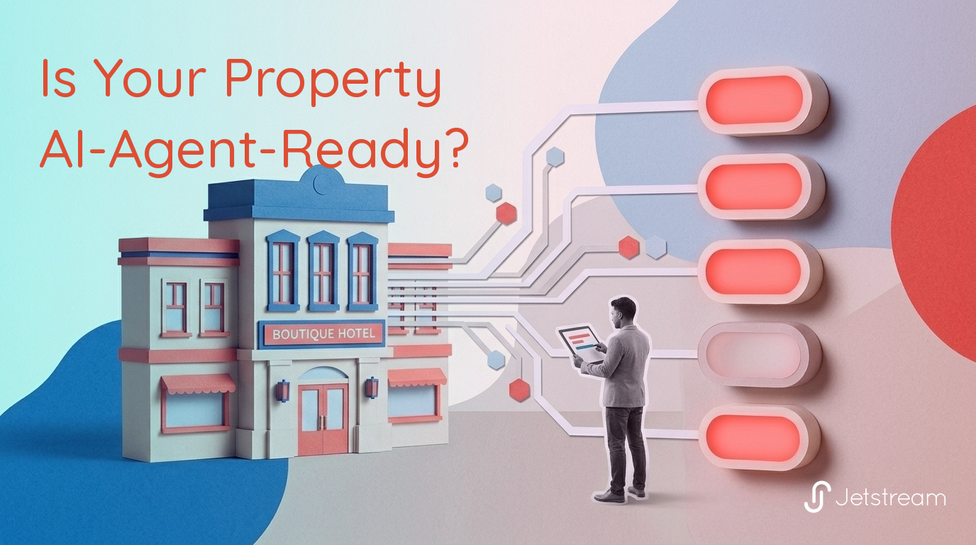 AI agent ready hotel: a person runs a five-point distribution readiness check over a boutique property, with data flowing to five channel checkpoints.