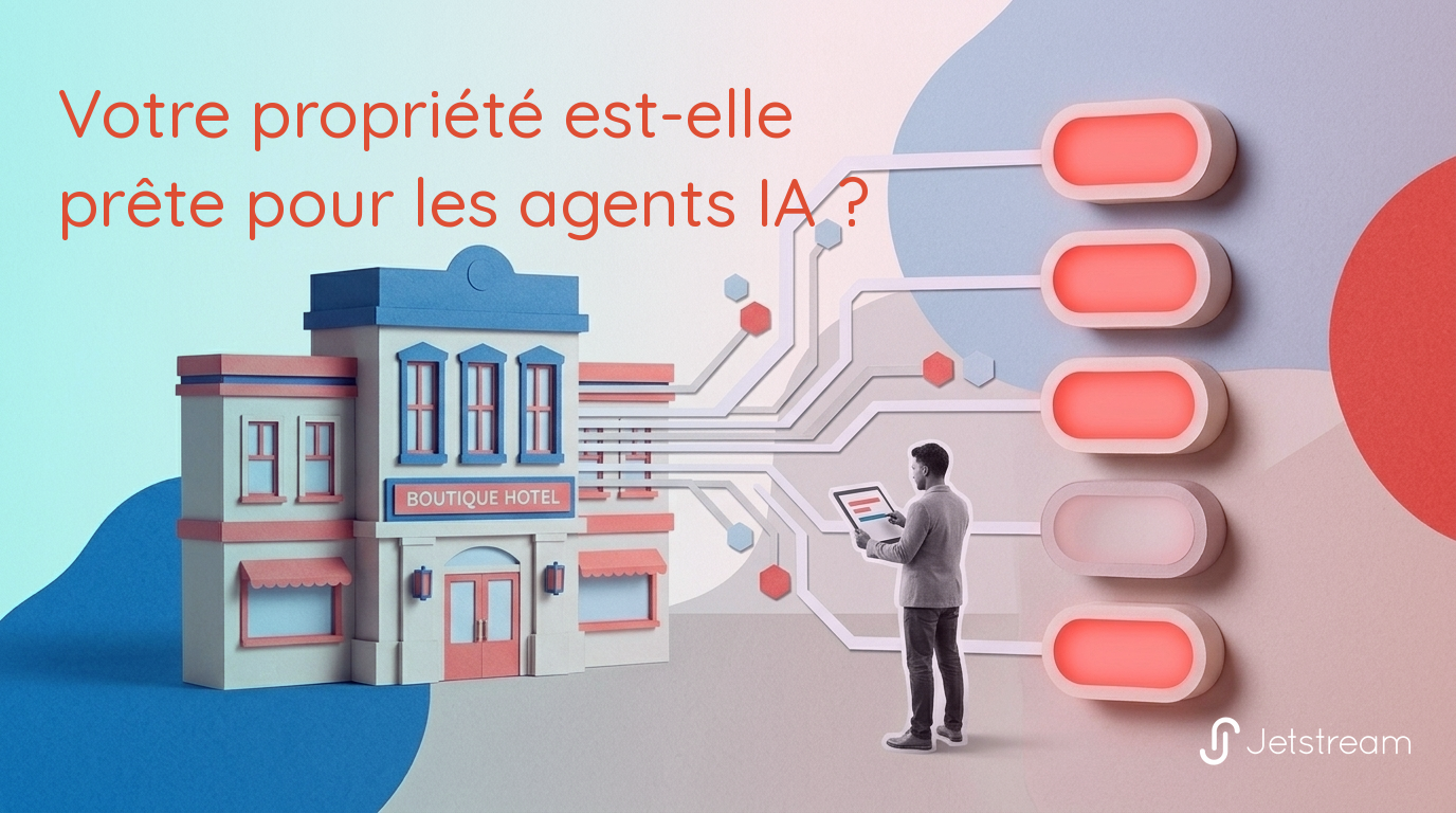 Propriété prête pour les agents IA : une personne effectue une vérification de préparation en cinq points sur une propriété, avec des données circulant vers cinq points de contrôle de canaux.