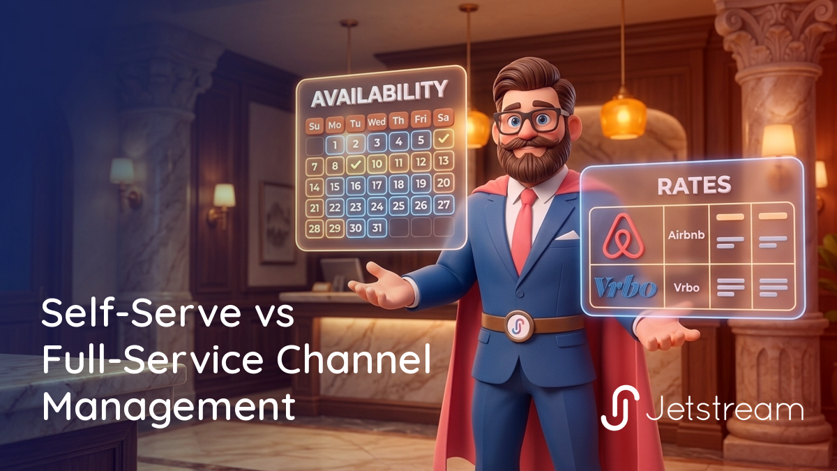 Self-serve vs full-service channel management illustration: a hotelier managing availability and rate panels across Airbnb and Vrbo.