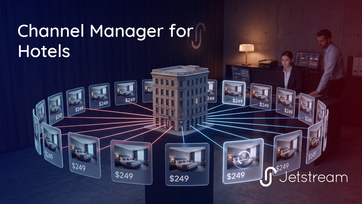 A channel manager for hotels syncing one set of room rates and availability from a single hotel out to multiple connected booking channels