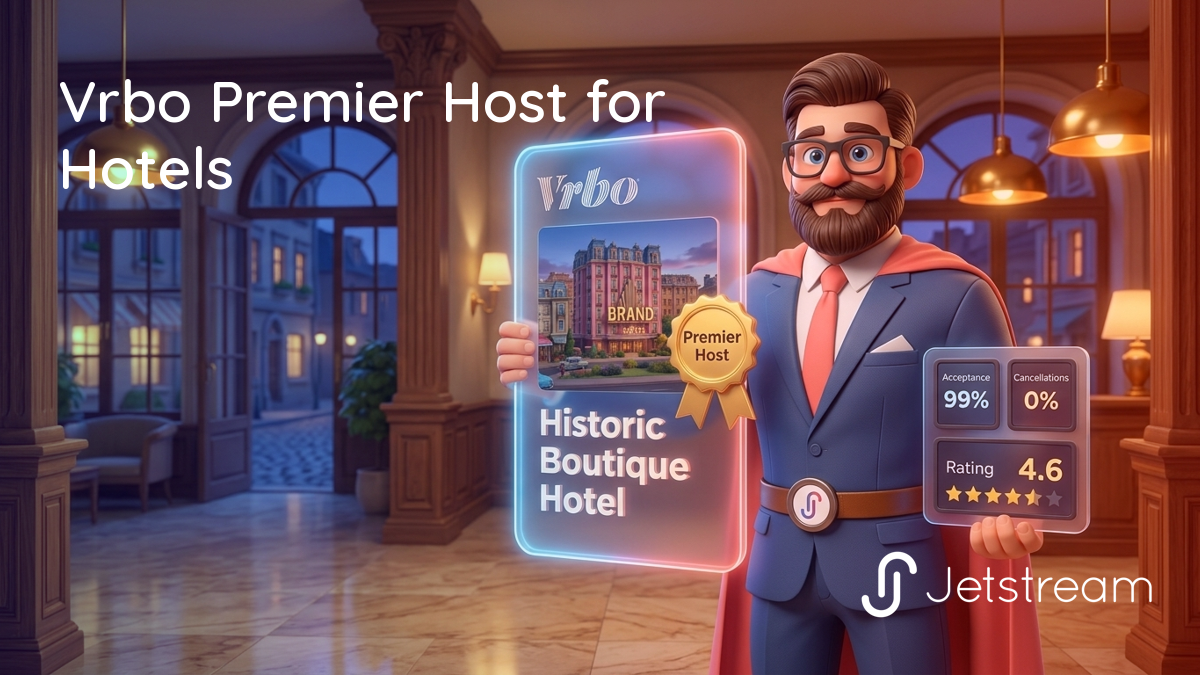 Vrbo Premier Host badge on a hotel listing with a performance dashboard showing the acceptance rate, cancellation rate, and review score a hotel needs to qualify.
