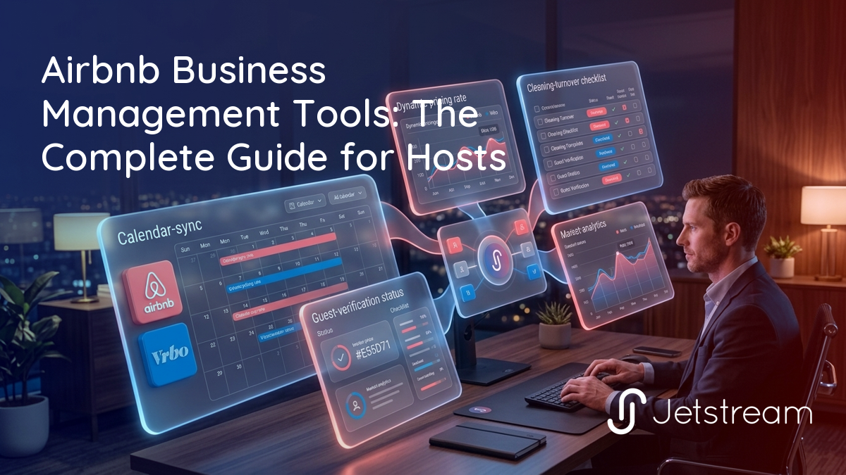 Airbnb business management tools shown as floating dashboard panels for channel sync, pricing, cleaning, screening, and analytics in a bright workspace