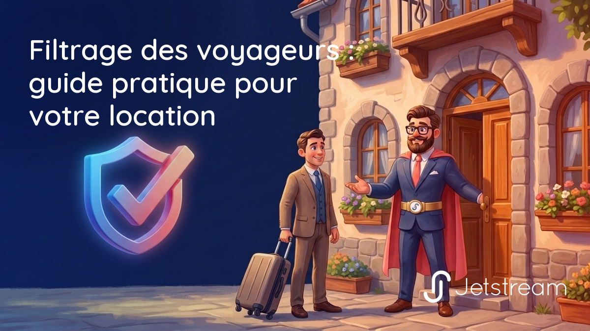 Un gestionnaire super-héros accueille un voyageur vérifié devant une location, avec un bouclier et une coche symbolisant un filtrage de confiance