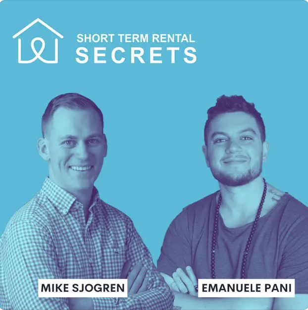 Short-term Rental Secrets’ podcast logo displaying hosts Mike Sjogren and Emanuele Pani in blue