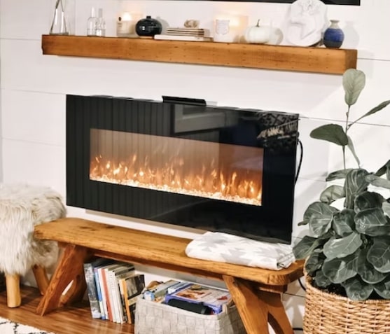 A modern flame-effect fireplace in a living room 