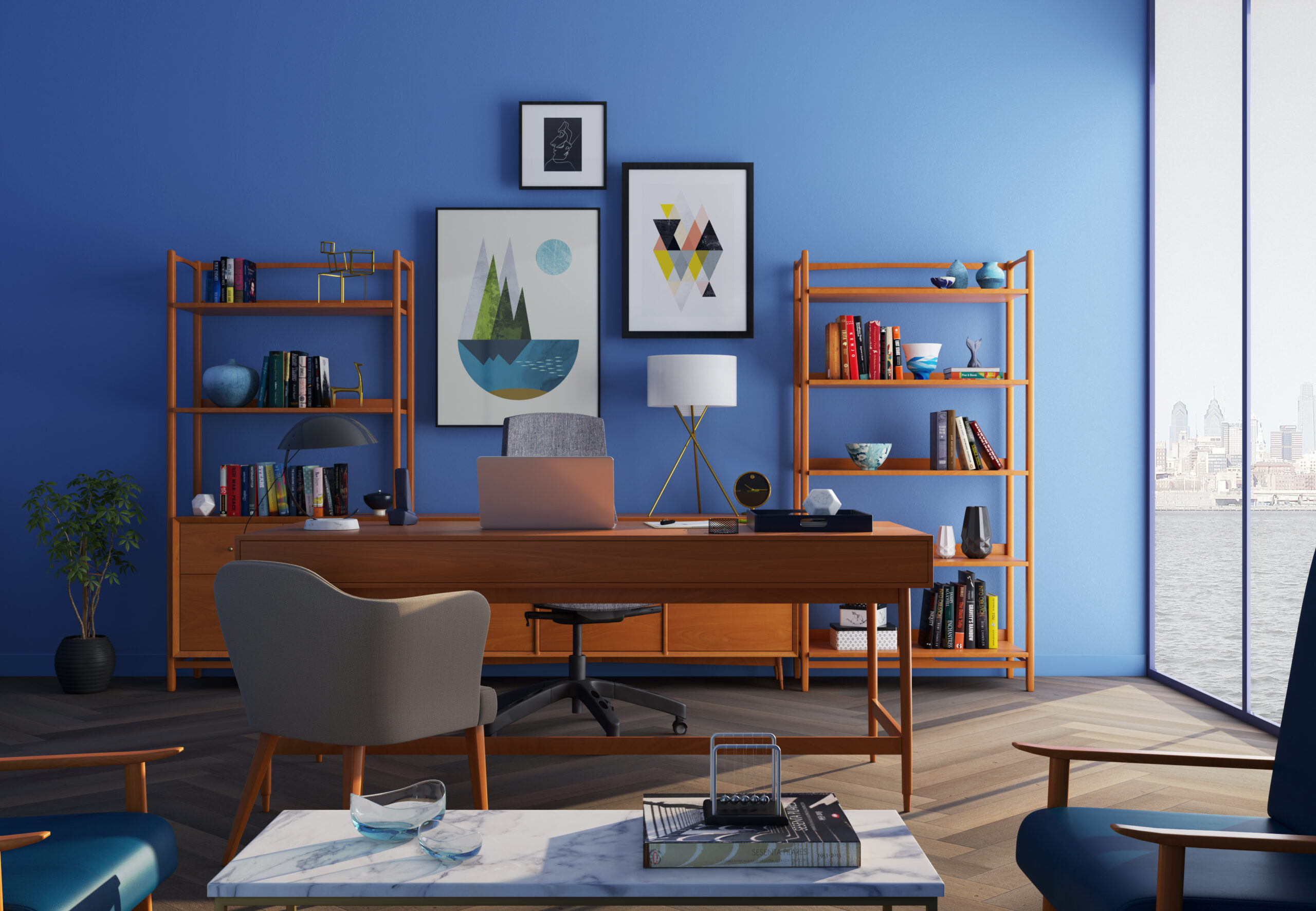 Home office with a blue wall and wooden office furniture 