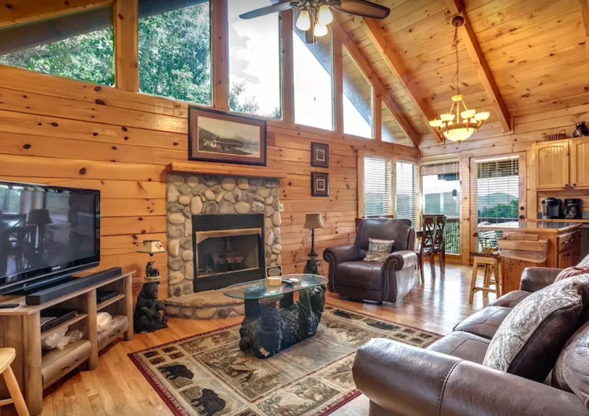 Interior of a furnished log cabin