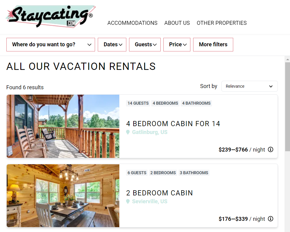 The Staycating listings page showing two listings for cabins