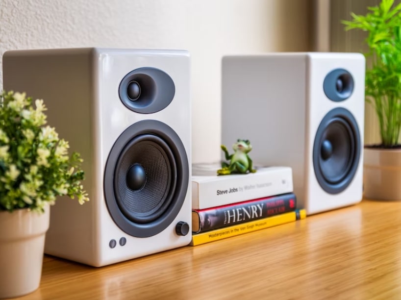 Two speakers sitting on a shelf with books in between 